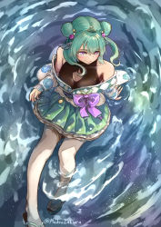 Rule 34 | 1girl, absurdres, blush, bow, breasts, cleavage, cleavage cutout, clothing cutout, collarbone, double bun, finana ryugu, fins, fish girl, green footwear, green skirt, hair bun, halterneck, head fins, highres, japanese clothes, kimono, madou zakura, medium breasts, nijisanji, nijisanji en, off shoulder, official alternate costume, partially submerged, purple bow, purple eyes, sandals, sitting, skirt, smile, solo, thighhighs, twintails, virtual youtuber, water, white kimono, white thighhighs