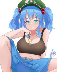 Rule 34 | 1girl, absurdres, black tank top, blue eyes, blue hair, blue skirt, breasts, cleavage, commentary, dated, english commentary, flat cap, green hat, grin, hair bobbles, hair ornament, hat, highres, holding, kawashiro nitori, key, large breasts, looking at viewer, natch imaycz, navel, pocket, short hair, signature, simple background, skirt, smile, solo, tank top, touhou, two side up, white background
