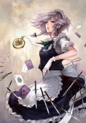 Rule 34 | 1girl, ace (playing card), apron, blue eyes, bow, braid, card, chain, earrings, floating card, female focus, fenrir (buzhidaoshishuei), gloves, grey hair, hair bow, highres, izayoi sakuya, jewelry, knife, lips, maid, maid apron, maid headdress, parted lips, playing card, pocket watch, realistic, short hair, solo, throwing knife, too many, touhou, twin braids, waist apron, watch, weapon, white gloves
