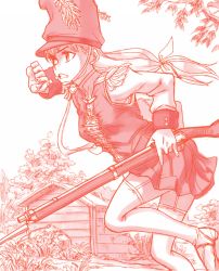 Rule 34 | 1girl, absurdres, antique firearm, bayonet, boots, bush, epaulettes, gun, firelock, foliage, gun, hat, highres, holding, holding gun, holding weapon, kageng, long hair, military, military hat, military uniform, musket, original, outdoors, plant, powder, running, shack, soldier, solo, thigh boots, thighhighs, tree, uniform, weapon