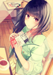 Rule 34 | 1girl, black hair, black shirt, blurry, blurry background, blush, chair, cup, depth of field, green jacket, hands up, highres, holding, hood, hood down, hooded jacket, indoors, jacket, long hair, long sleeves, looking at viewer, mole, mole under eye, niichi (komorebi-palette), on chair, open clothes, open jacket, original, ousaka nanami, pleated skirt, red eyes, saucer, shirt, skirt, solo, sunlight, table, tea, teacup, wooden floor, yellow skirt