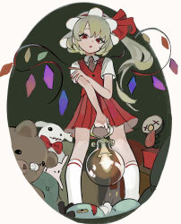 Rule 34 | 1girl, adapted costume, collared shirt, dee (tannsumi), feet out of frame, flandre scarlet, from below, green background, hand on own arm, hat, highres, holding, long hair, looking at viewer, looking down, mob cap, multicolored wings, nail polish, necktie, one side up, pleated skirt, puffy short sleeves, puffy sleeves, red eyes, red nails, red skirt, red vest, shirt, short sleeves, simple background, skirt, socks, solo, stuffed animal, stuffed toy, teddy bear, touhou, vest, white hat, white shirt, white socks, wings