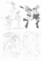 Rule 34 | 1boy, 2girls, absurdres, bare shoulders, brother and sister, concept art, greyscale, hair ornament, hair ribbon, hairclip, headset, highres, japanese clothes, kagamine len, kagamine rin, kimono, leg warmers, long hair, looking at viewer, monochrome, multiple girls, open mouth, ribbon, sailor collar, short hair, shorts, siblings, tony taka, vocaloid