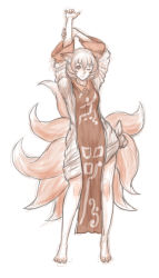 Rule 34 | 1girl, animal ears, arms up, barefoot, fox ears, fox tail, full body, highres, kuro suto sukii, limited palette, looking at viewer, monochrome, multiple tails, no headwear, one eye closed, sepia, simple background, smile, solo, stretching, tabard, tail, touhou, white background, yakumo ran