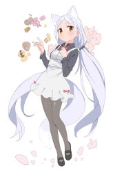 Rule 34 | 1girl, animal ear fluff, animal ears, black footwear, black pantyhose, black shirt, brown hair, cookie, dot mouth, food, fox ears, fox girl, fox shadow puppet, fox tail, full body, highres, long hair, long sleeves, looking at viewer, low twintails, original, pantyhose, saiste, shirt, shoes, simple background, solo, tail, thick eyebrows, twintails, very long hair, white background, white hair, wing collar
