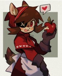 Rule 34 | 1girl, :3, :d, animal ears, apple, apple (sui (suizilla)), apron, brown gloves, capelet, deer ears, deer tail, dress, ears through headwear, eyepatch, food, food bite, from side, fruit, gloves, heart, holding, holding food, holding fruit, hood, hood up, hooded capelet, little red riding hood, little red riding hood (grimm), looking at viewer, looking to the side, one eye covered, open mouth, original, red apple, red dress, signature, smile, solo, spoken heart, sui (suizilla), tail, waist apron, white apron