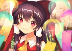 Rule 34 | 1girl, absurdres, ascot, bare shoulders, black hair, blush, bow, commentary request, detached sleeves, frilled shirt collar, frills, hair between eyes, hair bow, hair tubes, hakurei reimu, head tilt, highres, light particles, looking at viewer, nenobi (nenorium), red bow, red eyes, sidelocks, smile, solo, touhou, upper body, wind chime, yellow ascot