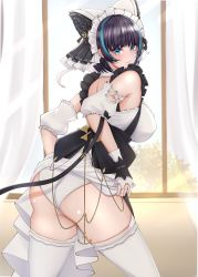 Rule 34 | 1girl, absurdres, animal ears, aqua hair, arms behind back, ass, azur lane, bare shoulders, black hair, blue eyes, blunt bangs, breasts, cheshire (azur lane), closed mouth, clothes lift, curtains, detached sleeves, dress, dress lift, frilled dress, frilled sleeves, frills, highres, iya na kao sare nagara opantsu misete moraitai, iya na kao sare nagara opantsu misete moraitai yo wa pantsu ga mitai zo, large breasts, lifting own clothes, looking at viewer, looking back, maid headdress, medium hair, multicolored hair, panties, puffy detached sleeves, puffy sleeves, sinorder, solo, streaked hair, thighhighs, two-tone hair, underwear, white panties, window, wrist cuffs