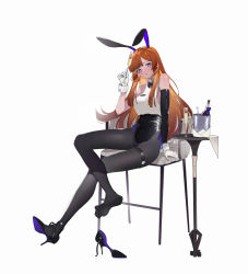 Rule 34 | 1girl, alcohol, animal ears, arm support, armchair, asymmetrical gloves, bare shoulders, black bow, black bowtie, black footwear, black gloves, black leotard, black pantyhose, bow, bowtie, breasts, chair, champagne, crossed legs, cup, drinking glass, elbow gloves, full body, gloves, high heels, highres, holding, holding cup, leotard, long hair, looking at viewer, medium breasts, miqilinfeizainie, mismatched gloves, orange hair, original, pantyhose, playboy bunny, purple eyes, rabbit ears, round table, shoes, unworn shoes, single elbow glove, single glove, single shoe, sitting, sleeveless, solo, table, very long hair, white gloves, wrist cuffs