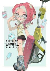 Rule 34 | 1girl, :d, black shorts, blue background, blue footwear, boots, border, bottle, brown footwear, can, commentary request, corrupted twitter file, e-liter 4k (splatoon), fang, food, glasses, grey eyes, grey footwear, gun, hand up, highres, ice cream, ice cream cone, looking at viewer, looking back, medium hair, multicolored footwear, nintendo, octoling, octoling girl, octoling player character, open mouth, outside border, p-pepper, parted bangs, pink hair, pointy ears, popsicle, print shirt, sample watermark, shirt, short shorts, short sleeves, shorts, sidelocks, simple background, smile, solo, splatoon (series), sticker, suction cups, t-shirt, tentacle hair, watermark, weapon, white-framed eyewear, white border, white shirt