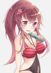 Rule 34 | 10s, 1girl, bad id, bad pixiv id, bare shoulders, blush, bottle, breasts, brown eyes, brown hair, cleavage, female focus, flower, hair flower, hair ornament, highres, kantai collection, kantai collection (anime), large breasts, long hair, looking at viewer, myuan, myuan (muumworks), navel, open mouth, ponytail, red eyes, smile, solo, swimsuit, yamato (kancolle)