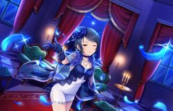 Rule 34 | 1girl, alternate costume, artist request, black eyes, blue feathers, blue gloves, blue hair, book, candle, crescent moon, cup, earrings, feathers, flower, gloves, hair flower, hair ornament, idolmaster, idolmaster cinderella girls, idolmaster cinderella girls starlight stage, jewelry, moon, official art, one eye closed, solo, wakui rumi