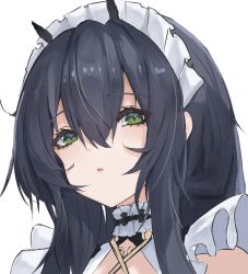 Rule 34 | 1girl, :o, azur lane, black hair, green eyes, highres, indomitable (azur lane), indomitable (ms. motivationless maid) (azur lane), light blush, long hair, looking at viewer, lump saury, maid, maid headdress, official alternate costume, open mouth, parted lips, portrait, solo, upper body, white background