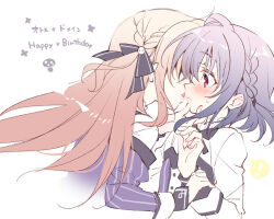 Rule 34 | 1boy, 1girl, assertive female, asuka minato, black ribbon, blonde hair, blue hair, blush, braid, commentary request, copyright name, crown braid, eyelashes, food print, from side, grabbing another&#039;s arm, hair between eyes, hair ribbon, hand on another&#039;s chin, happy birthday, hetero, imminent kiss, komowata haruka, lips, long hair, long sleeves, looking at another, medium hair, mushroom print, one side up, otome domain, parted lips, profile, red eyes, ribbon, saionji kazari, school uniform, shirt, shy, side braid, sidelocks, simple background, sketch, sweatdrop, trap, upper body, white background, white shirt, wide-eyed