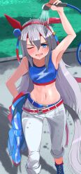 Rule 34 | 1girl, absurdres, animal ears, arm up, armpits, bare shoulders, blue footwear, blue jacket, blue tank top, blush, breasts, commentary request, coralreef966, ear covers, fang, foot out of frame, grass, grey hair, hair between eyes, hair ornament, hairband, headband, highres, holding, holding hose, horse ears, horse girl, horse tail, hose, jacket, unworn jacket, long hair, midriff, navel, open mouth, outdoors, pants, red hairband, small breasts, solo, tail, tamamo cross (umamusume), tank top, umamusume, very long hair, wet, wet clothes, wet pants, white pants