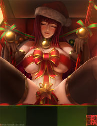Rule 34 | 1girl, bell, blush, bound, box, breasts, brown gloves, brown thighhighs, choker, closed mouth, convenient censoring, elbow gloves, facing viewer, fate/grand order, fate (series), gift, gloves, green ribbon, hair between eyes, hat, head tilt, in box, in container, jingle bell, large breasts, limgae, long hair, neck bell, patreon username, purple hair, red ribbon, revision, ribbon, ribbon bondage, santa hat, scathach (fate), sidelocks, sitting, skindentation, solo, spread legs, star (symbol), thighhighs, very long hair