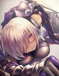 Rule 34 | 1girl, all fours, arm support, armor, armored boots, ass, beige background, black footwear, blurry, blush, boots, breast press, breasts, clenched teeth, depth of field, dripping, dutch angle, fate/grand order, fate (series), gauntlets, glasses, gloves, grey-framed eyewear, hair over one eye, heavy breathing, highres, leotard, looking at viewer, mash kyrielight, medium breasts, mephisto (angraecum), one eye covered, outstretched arm, purple eyes, purple gloves, shadow, short hair, solo, sweat, sword, teeth, thigh boots, thighhighs, weapon, white hair