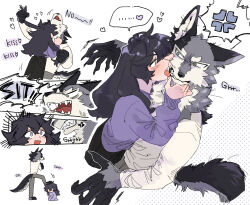 Rule 34 | 1boy, 1girl, anger vein, animal ears, assertive female, black hair, black pants, body fur, clenched teeth, commentary request, english text, fingernails, furry, furry male, furry with non-furry, grabbing another&#039;s chin, green eyes, grey eyes, grey fur, grey pants, growling, hand on another&#039;s chin, hetero, heterochromia, highres, interspecies, kiss, large hands, licking, licking another&#039;s face, long hair, long sleeves, looking at another, multiple views, original, pants, purple sweater, rata (norahasu), role reversal, seiza, sharp fingernails, sharp teeth, shirt, sitting, speech bubble, stepped on, sweater, tail, teeth, tongue, tongue out, upper body, white fur, white shirt, wolf boy, wolf ears, wolf tail