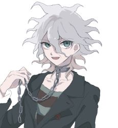 Rule 34 | 1boy, :d, black jacket, chain, collarbone, commentary request, danganronpa (series), danganronpa another episode: ultra despair girls, grey eyes, grey hair, grey shirt, hair between eyes, hand up, jacket, komaeda nagito, leather, leather jacket, long sleeves, looking at viewer, male focus, messy hair, open mouth, pale skin, red shirt, servant (danganronpa), shenmu (nyx 0), shirt, simple background, sketch, smile, solo, striped clothes, striped shirt, upper body, white background
