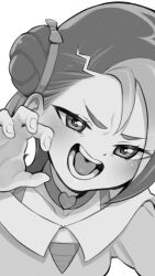 Rule 34 | 1girl, choker, claw pose, collarbone, commentary request, commission, frown, greyscale, hair bun, hair ribbon, half-closed eyes, hand up, heart, heart choker, highres, looking at viewer, mizuki kotori (yu-gi-oh!), monochrome, multicolored hair, open mouth, ribbon, short hair, simple background, single hair bun, skeb commission, solo, teeth, two-tone hair, ukokkei, upper body, v-shaped eyebrows, white background, yu-gi-oh!, yu-gi-oh! zexal