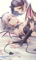 Rule 34 | 2girls, all fours, anastasia (idolmaster), armband, bare shoulders, bikini, black armband, black bikini, black collar, black hair, black hairband, blue eyes, breasts, cleavage, collar, collarbone, demon horns, demon tail, demon wings, detached collar, detached sleeves, fake horns, fake tail, fake wings, grey hair, hair between eyes, hairband, hand on another&#039;s face, hayami kanade, highres, horns, idolmaster, idolmaster cinderella girls, idolmaster cinderella girls starlight stage, idolmaster starlit season, large breasts, looking at viewer, lying, medium breasts, multiple girls, on back, parted bangs, parted lips, petals, rum raisin (chihiromakita19), short hair, simple background, swimsuit, tail, white background, wings, yellow eyes