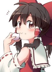 Rule 34 | 1girl, bare shoulders, blush, bow, brown eyes, brown hair, closed mouth, detached sleeves, eating, food, food on face, hair between eyes, hair bow, hair tubes, hakurei reimu, highres, holding, holding food, long hair, nontraditional miko, red bow, ribbon-trimmed sleeves, ribbon trim, sidelocks, simple background, solo, touhou, white background, wide sleeves, yutamaro