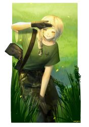 Rule 34 | 1girl, arm up, artist name, assault rifle, bare arms, black gloves, blonde hair, braid, braided ponytail, breasts, bullpup, camouflage, camouflage pants, closed eyes, closed mouth, commentary, day, english commentary, facing viewer, gloves, grass, green shirt, gun, hair over shoulder, hand on own knee, highres, hunched over, leaf, leaning, original, outdoors, pants, rifle, salute, shirt, short bangs, short sleeves, signature, small breasts, smile, solo, t-shirt, tall grass, usergore, weapon