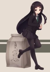 Rule 34 | 1girl, bag, black cardigan, black footwear, black hair, black pantyhose, black skirt, cardigan, character request, collared shirt, cup, green necktie, holding, holding cup, loafers, long hair, looking at viewer, looking to the side, natsuki teru, necktie, original, pantyhose, paper bag, parted lips, pleated skirt, red eyes, school uniform, shirt, shoes, skirt, solo, standing, standing on one leg, steam, thick eyebrows, translation request, v-shaped eyebrows, very long hair, white shirt, yunomi