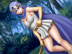 Rule 34 | 1girl, belt, blue hair, breasts, cleavage, crimson comics, dragon quest, dress, dutch angle, female focus, forest, game cg, gloves, holding, holding weapon, large breasts, long hair, nature, no bra, open mouth, orange hair, outdoors, pleated skirt, sage (dq3), short dress, skirt, solo, tree, weapon