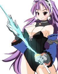Rule 34 | 1girl, blush, breasts, cleavage, la pucelle, long hair, looking at viewer, purple hair, red eyes, regret, simple background, smile, solo, sword, tagme, very long hair, weapon