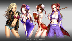 Rule 34 | 4girls, bandages, bikini, bikini top only, blonde hair, breasts, brown eyes, brown hair, chest sarashi, chinese clothes, copyright request, earrings, flower, gel (chiericyan), grey eyes, gyaru, hair flower, hair ornament, hand fan, jewelry, kogal, large breasts, long hair, looking at viewer, medium breasts, multiple girls, nail polish, navel, navel piercing, necklace, official art, piercing, red eyes, red hair, sarashi, short hair, smile, strapless, swimsuit, tube top