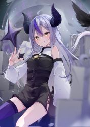 Rule 34 | 1girl, ahoge, ascot, asymmetrical hair, black dress, blurry, blurry foreground, blush, braid, breasts, closed mouth, commentary, corrupted twitter file, demon horns, detached sleeves, dress, feet out of frame, french braid, grey hair, hair between eyes, highres, hololive, horns, la+ darknesss, long hair, looking at viewer, motoi (croa76), multicolored hair, o-ring, open hand, purple hair, purple thighhighs, short dress, side slit, single braid, single thighhigh, sitting, sleeveless, sleeveless dress, small breasts, smile, solo, strap, streaked hair, striped horns, thighhighs, two-tone hair, virtual youtuber, yellow ascot, yellow eyes