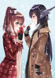 Rule 34 | 2girls, alternate costume, aqua eyes, bad id, bad pixiv id, black gloves, black hair, black scarf, blush, breath, brown coat, brown hair, checkered clothes, coat, commentary request, covering own mouth, cowboy shot, gift, gloves, hair between eyes, hair ornament, headgear, itsuwa (continue), kantai collection, long hair, multiple girls, nagato (kancolle), partially fingerless gloves, pointing, pointing at self, red coat, red eyes, saratoga (kancolle), scarf, side ponytail, sidelocks, smokestack, snow, snowing, valentine, white scarf, yuri