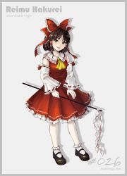 Rule 34 | 1girl, absurdres, ascot, bow, brown eyes, brown footwear, brown hair, character name, collar, detached sleeves, frilled bow, frilled collar, frills, gohei, grey background, hair bow, hair tubes, hakurei reimu, highres, hoshiringo0902, imperishable night, japanese clothes, lips, long hair, looking at viewer, miko, nontraditional miko, pleated skirt, ponytail, red bow, ribbon-trimmed sleeves, ribbon trim, shoes, short hair, sidelocks, simple background, skirt, skirt set, smile, socks, touhou, white socks, wide sleeves, yellow ascot