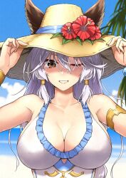Rule 34 | 1girl, abo (hechouchou), armlet, bracelet, breasts, cleavage, ears through headwear, erune, flower, granblue fantasy, hair tubes, hat, hat flower, heles, heles (summer) (granblue fantasy), hibiscus, jewelry, official alternate costume, one-piece swimsuit, one eye closed, solo, straw hat, sun hat, swimsuit, white one-piece swimsuit