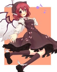 Rule 34 | 1girl, animal ears, blush, breasts, dress, fang, female focus, fingernails, hand on own chest, highres, kneehighs, long sleeves, medium breasts, music, musical note, mystia lorelei, open mouth, outstretched arm, outstretched hand, red eyes, red hair, sailor antei, sharp fingernails, shoes, short hair, simple background, singing, socks, solo, touhou, winged footwear, winged hat, wings