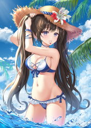 Rule 34 | 1girl, absurdres, armpits, arms up, bare shoulders, bikini, black hair, blue bikini, blue eyes, bnari, bracelet, breasts, brown hat, choker, cleavage, cloud, day, flower, frilled bikini, frills, front-tie bikini top, front-tie top, groin, hair tie in mouth, hat, hat flower, highres, jewelry, large breasts, lily (flower), long hair, looking at viewer, mouth hold, navel, original, outdoors, palm leaf, sidelocks, sky, solo, standing, stomach, straw hat, striped bikini, striped clothes, sun, sunlight, swimsuit, thighs, twintails, tying hair, very long hair, wading, water, wristband
