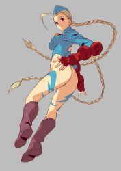 Rule 34 | 1girl, absurdres, ahoge, ass, back cutout, blonde hair, blue eyes, blue hat, blue leotard, boots, braid, brown footwear, cammy white, closed mouth, clothing cutout, fingerless gloves, from behind, full body, gloves, grey background, hat, highres, knee boots, kotatsu (g-rough), leotard, long hair, long sleeves, looking at viewer, looking back, red gloves, signature, simple background, solo, street fighter, street fighter zero (series), twin braids, twintails, very long hair