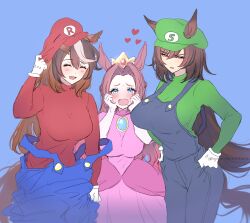 Rule 34 | 3girls, black overalls, blue background, blue eyes, blue overalls, breasts, closed eyes, commentary request, cosplay, cowboy shot, crown, double strap slip, dress, ears through headwear, gloves, green headwear, hair intakes, hands on own hips, heart, highres, kawakami princess (umamusume), large breasts, luigi, luigi (cosplay), mario, mario (cosplay), mario (series), mmm (mmm623), multiple girls, nintendo, open mouth, overalls, parted lips, pink dress, princess peach, princess peach (cosplay), red eyes, red headwear, red sweater, simple background, sirius symboli (umamusume), smile, sweater, symboli rudolf (umamusume), twitter username, umamusume, white gloves