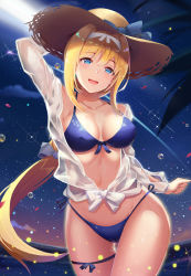 Rule 34 | 1girl, alice zuberg, bikini, blonde hair, blue bikini, blue eyes, blue sky, breasts, chinese commentary, cleavage, commentary request, cowboy shot, dress shirt, front-tie top, hairband, hat, highres, l.bou, long hair, looking at viewer, medium breasts, navel, shirt, side-tie bikini bottom, sky, solo, sparkle, straw hat, sun hat, swimsuit, sword art online, tied shirt, very long hair, white hairband
