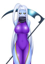 Rule 34 | 10s, 1girl, ahoge, arms behind back, bad id, bad pixiv id, black sclera, blue skin, breasts, china dress, chinese clothes, colored sclera, colored skin, covered navel, cowboy shot, dress, dullahan, highres, huge ahoge, lala (monster musume), large breasts, long hair, looking at viewer, monster girl, monster musume no iru nichijou, scarf, scythe, side slit, signature, simple background, skin tight, sleeveless, slimysoap, solo, very long hair, white background, white hair, yellow eyes