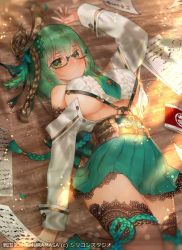 Rule 34 | 1girl, arm at side, arm over head, bare shoulders, black thighhighs, blush, braid, breasts, crop top, detached sleeves, floating, floating object, floral print, folded ponytail, glasses, green eyes, green hair, hair ornament, large breasts, light smile, long hair, looking at viewer, lying, matching hair/eyes, miniskirt, official art, on back, original, paper, pleated skirt, semi-rimless eyewear, sengoku bushouki muramasa, shirt, sideboob, skirt, solo, thighhighs, underboob, white shirt, wooden floor, zhuzi