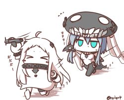 Rule 34 | &gt; &lt;, 10s, 2girls, abyssal ship, ahoge, aircraft, airplane, aqua eyes, cape, chibi, colored skin, covered mouth, dress, enemy aircraft (kancolle), closed eyes, headgear, holding, horns, kantai collection, long hair, mittens, multiple girls, northern ocean princess, rexlent, running, sweat, translated, white dress, white hair, white skin, wo-class aircraft carrier