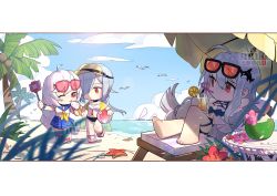 Rule 34 | 3girls, ahoge, arknights, artist name, ball, barefoot, beach, beach chair, beachball, bird, braid, chibi, chinese commentary, coconut, coconut tree, commentary request, crazy straw, cup, day, drinking, drinking straw, eyewear on head, food, fruit, gladiia (arknights), glass, hair between eyes, hair ornament, hair over one eye, holding, holding ball, holding cup, holding food, ice cream, inuko (redconstellation), juice, knee up, lemon, lemon slice, licking, long hair, lying, multiple girls, official alternate costume, on back, one eye closed, orca hair ornament, outdoors, palm tree, phone, red eyes, sandals, selfie stick, silver hair, single braid, skadi (arknights), skadi (waverider) (arknights), specter (arknights), sunglasses, thigh strap, thighs, tongue, tongue out, tree, visor cap, watermark