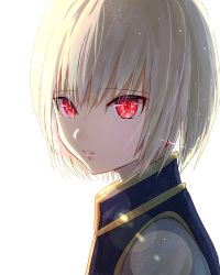 Rule 34 | 1boy, blonde hair, earrings, face, glowing, glowing eyes, hunter x hunter, jewelry, kurapika, looking at viewer, male focus, ore suzuki, parted lips, red eyes, short hair, simple background, solo, white background
