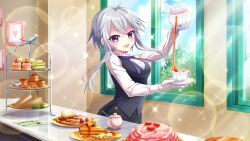 Rule 34 | 1girl, ahoge, black suit, blue sky, breasts, buttons, collar, counter, cup, day, dessert, dot nose, film grain, food, food request, fork, formal, frilled collar, frills, fruit, game cg, garnish, gloves, grey hair, heart, holding, holding saucer, holding teapot, ichijou ruka, indoors, izumi tsubasu, lens flare, long sleeves, medium breasts, napkin, neck ribbon, non-web source, official art, open mouth, pancake, pastry, picture frame, pie, plate, pouring, purple eyes, purple ribbon, re:stage!, ribbon, sandwich, saucer, short hair with long locks, sky, smile, solo, sparkle, spoon, strawberry, suit, tea, teacup, teapot, white gloves, white sleeves, window