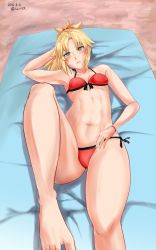 Rule 34 | 1girl, abs, arm behind head, beach towel, blonde hair, blush, breasts, dated, fate/apocrypha, fate/grand order, fate (series), feet, front-tie top, green eyes, long toes, lying, midriff, mordred (fate), mordred (fate/apocrypha), navel, on back, ponytail, side-tie bottom, small breasts, solo, thighs, toes, tom-masu, tommukai, towel