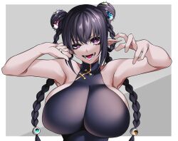 Rule 34 | 1girl, absurdres, armpits, belt, black hair, braid, breasts, china dress, chinese clothes, double bun, dress, eyelashes, fang, grey background, hair bun, hand in own hair, highres, huge breasts, hz (666v), looking down, mao (camui kamui), open hand, open mouth, original, pointy ears, poking, simple background, skin fang, sleeveless, sweat, tank top, twin braids, upper body, white belt