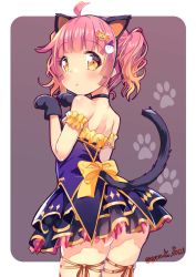 Rule 34 | 1girl, alternate hairstyle, animal ears, animal hands, arm garter, artist name, artist request, back bow, bare legs, black choker, black skirt, blue skirt, blush, bow, breasts, brown eyes, candy hair ornament, cat ears, cat tail, choker, dress, dress bow, female focus, food-themed hair ornament, ghost hair ornament, gloves, grey background, hair ornament, halloween, highres, leg ribbon, looking at viewer, love live!, love live! nijigasaki high school idol club, love live! school idol festival, miniskirt, orange bow, orange dress, parted lips, paw gloves, paw print, pink hair, plaid, plaid dress, plaid skirt, pleated, pleated dress, pleated skirt, ribbon, short hair, skirt, sleeveless, sleeveless dress, smile, solo, sparkle print, tail, tennoji rina, thigh strap, thighs, twintails, yellow bow, yellow dress, yellow eyes