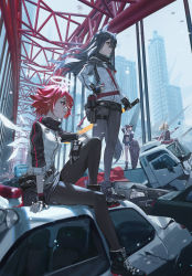 Rule 34 | 4girls, absurdres, animal ear fluff, animal ears, arknights, black gloves, black hair, black jacket, black legwear, black shirt, blonde hair, blouse, boots, brown hair, car, car crash, cityscape, croissant (arknights), exusiai (arknights), film grain, gloves, hair between eyes, halo, hand on own hip, highres, holding, holding sword, holding weapon, horns, huge filesize, jacket, legs, long hair, long sleeves, miniskirt, mostima (arknights), motor vehicle, multiple girls, name tag, open mouth, pantyhose, red eyes, red hair, shield, shirt, shoes, short hair, short shorts, shorts, sitting, skirt, sora (arknights), sports bra, standing, sword, tail, texas (arknights), thigh strap, thighhighs, thighs, truck, ttk (kirinottk), twintails, vest, weapon, white footwear, white legwear, white vest, wings, wolf ears